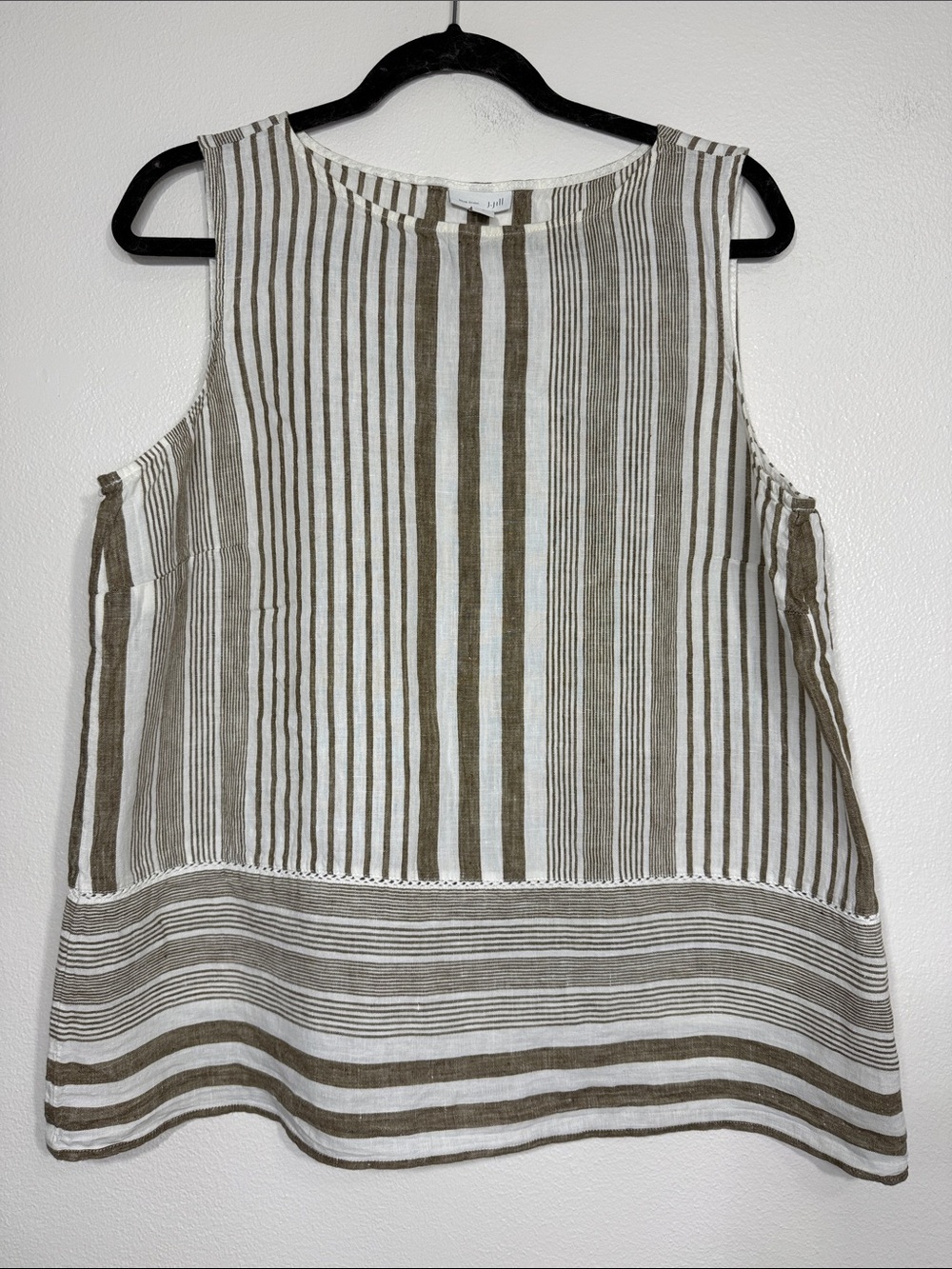 J. Jill Vertical Stripe White & Brown Linen Sleeveless Tank Top Size Large